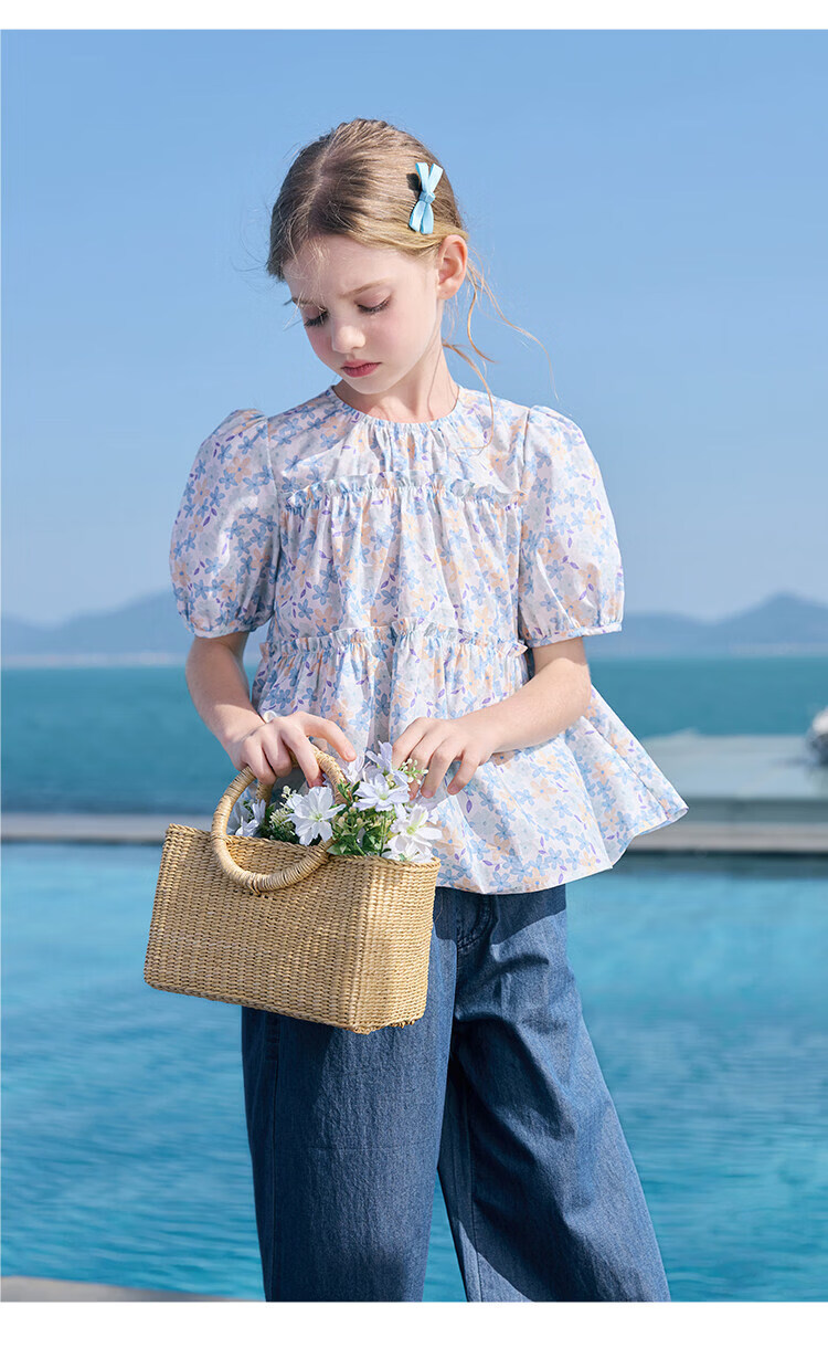 CHANZUIGOU Girls' Floral Doll Collar Shirt 2026 Summer New Pure Cotton Sweet Shirt 20